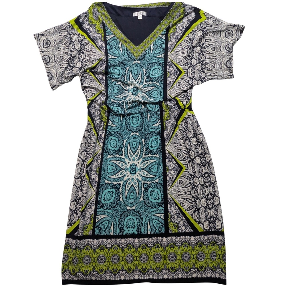 London Times Womens Paisley V-Neck Sheath Dress Blue Green Navy Size 10
